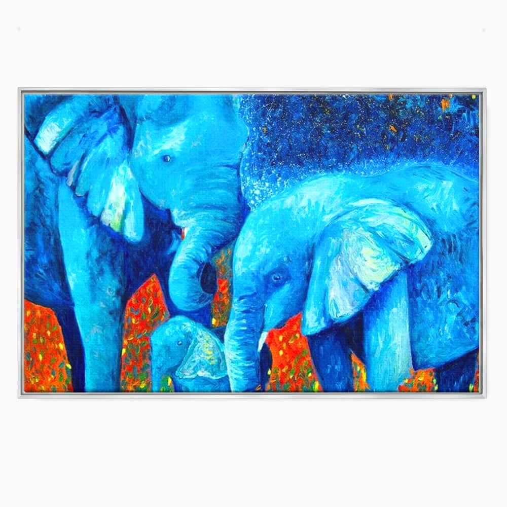Tablou canvas cu pictura canvas cu familie de elefanti, in rama de aluminiu argintiu